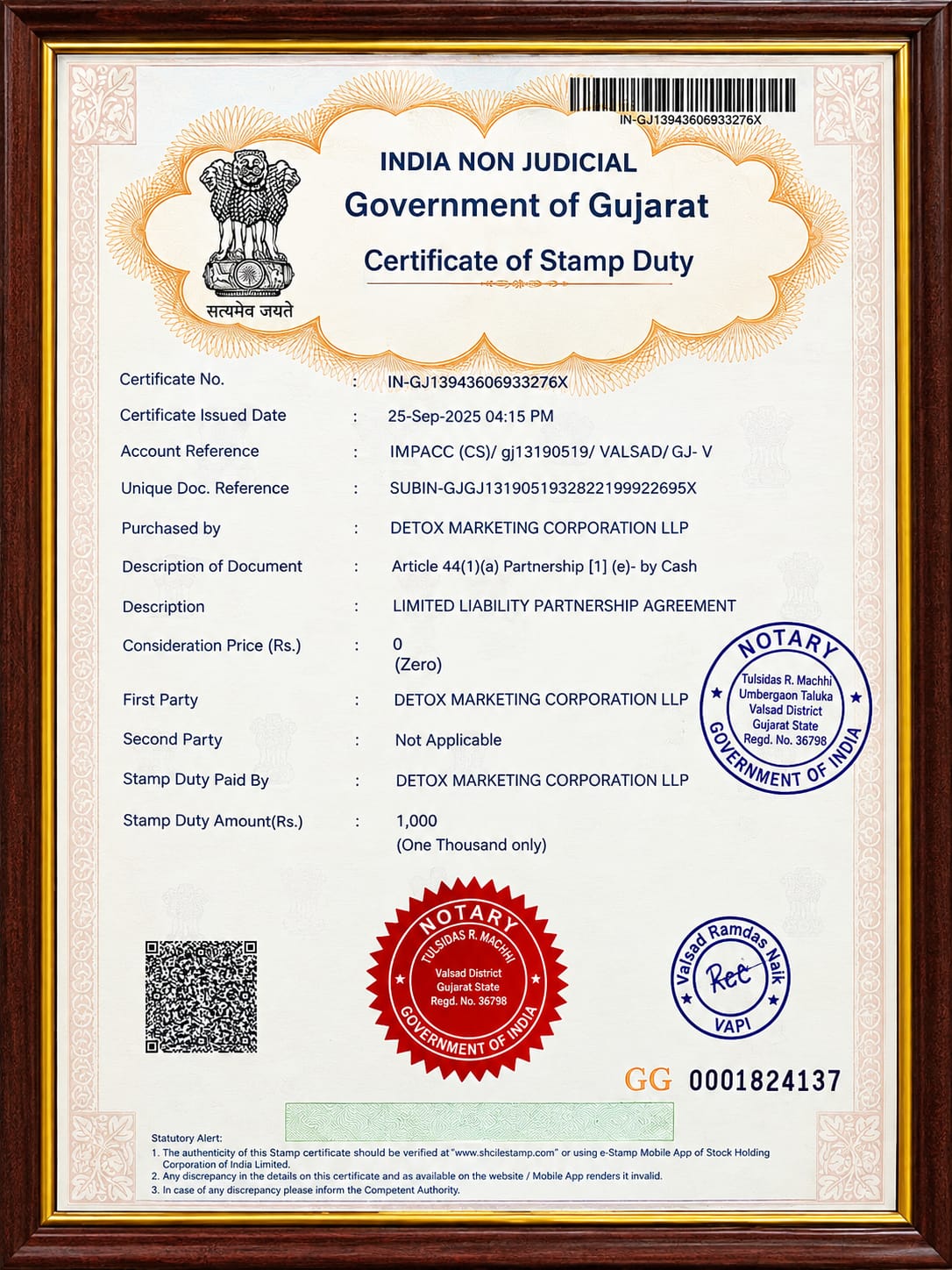 Government of Gujarat Certificate of Stamp Duty